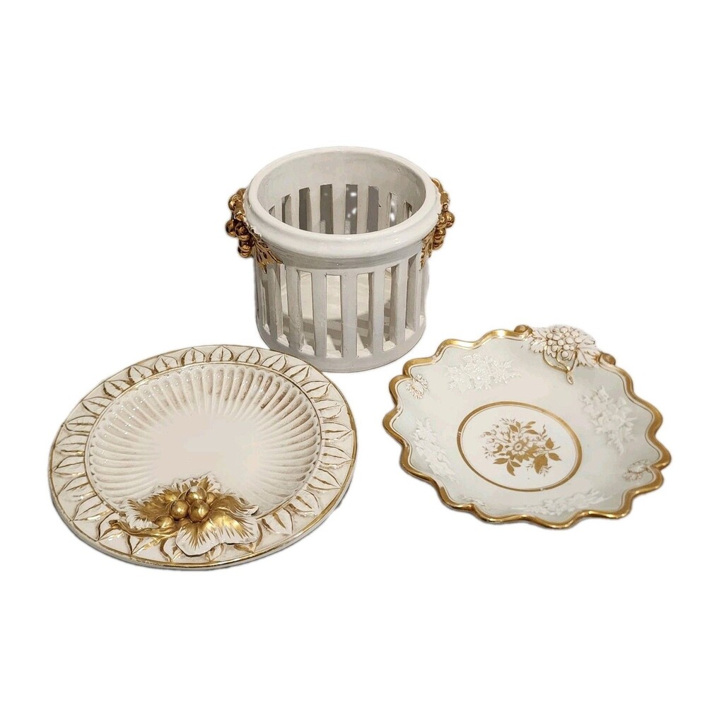 Vintage Cream & Gold Italian Glazed Dish Set With 3D Grapes & Leaves